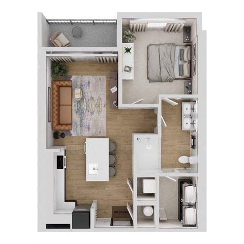 Floor plan for 1 bed, 1 bath, 760 sqft